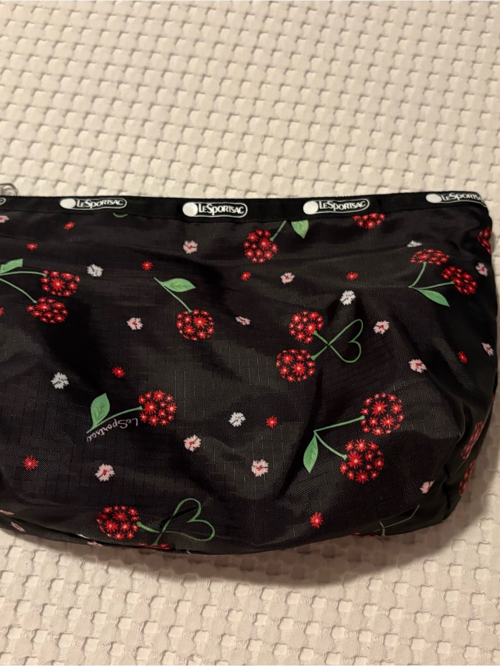 Lesportsac Black Floral Cherry-Cluster Cosmetic Bag with Green Leaves